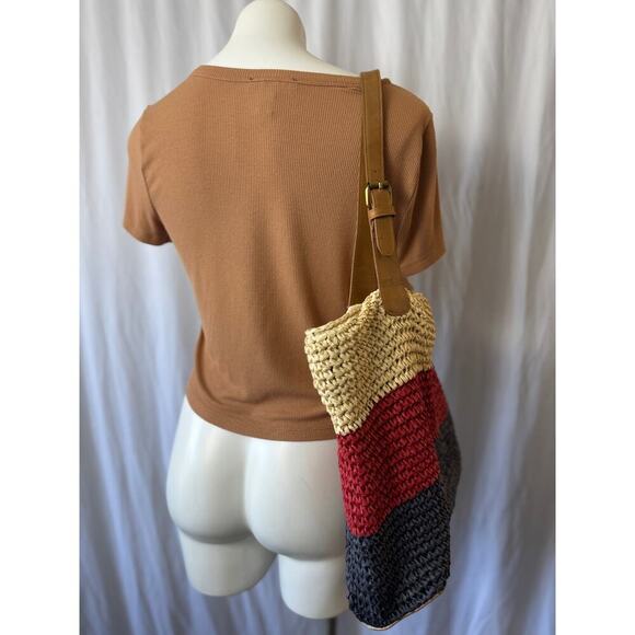 Woven Colorblock Shoulder Bag with Faux Leather Straps - Picture 5 of 7